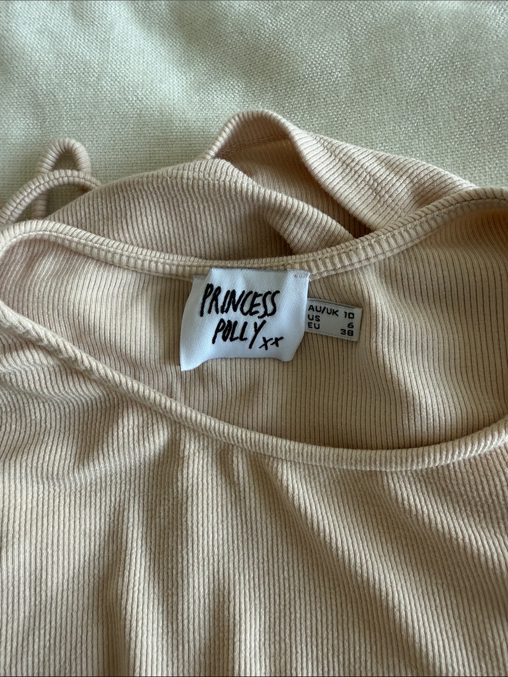 Princess Polly Beige Ribbed Ruched Short Sleeve Top - Picture 3 of 3
